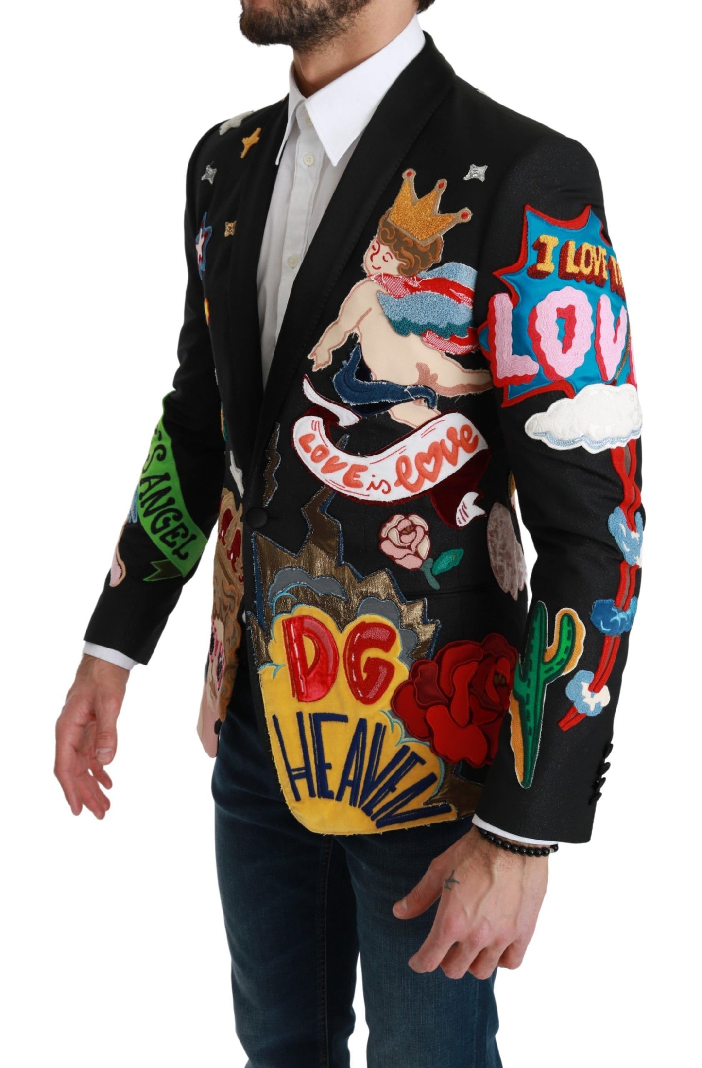 Dolce &amp; Gabbana Chic Black Multicolor Motif Slim Fit Blazer