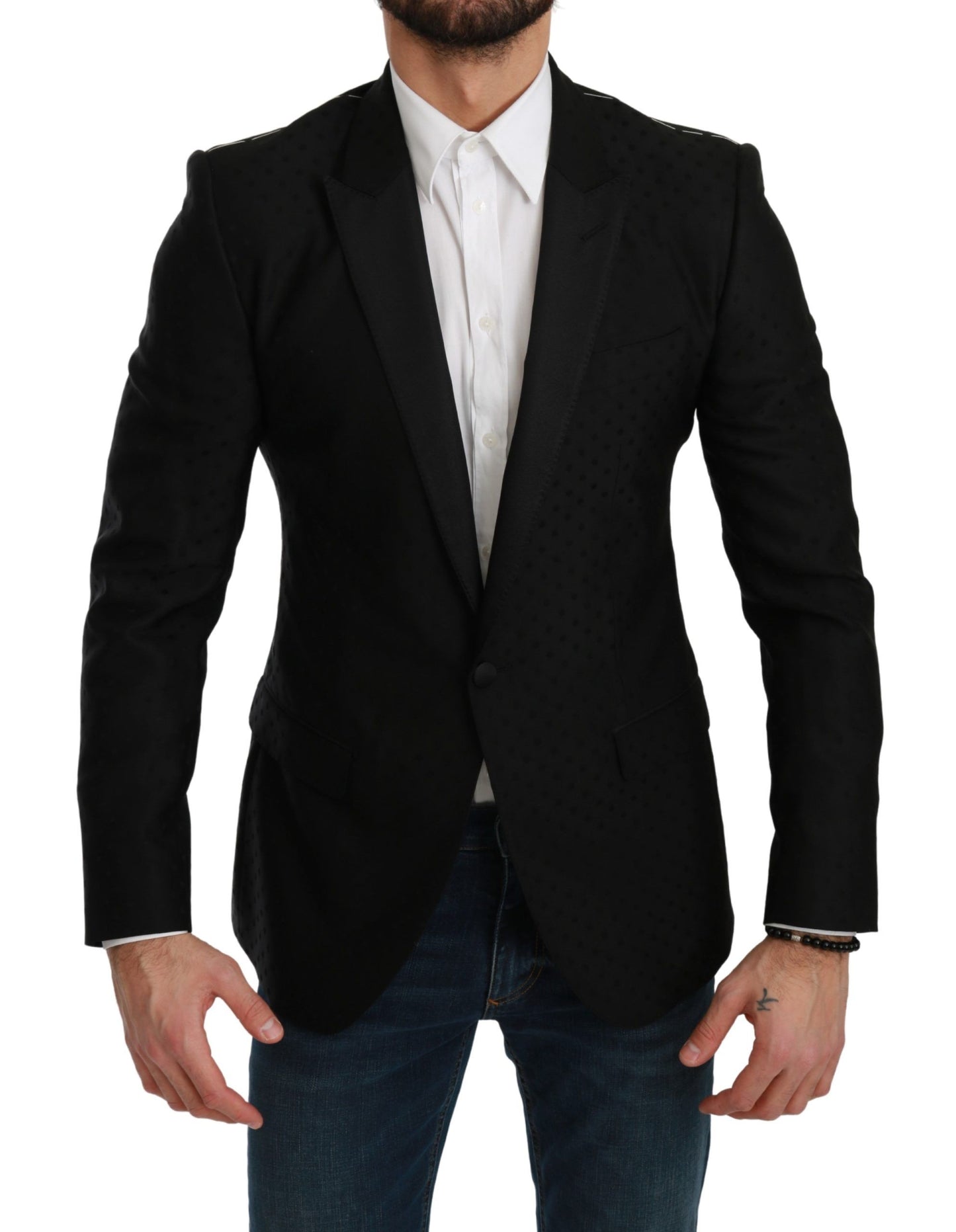 Dolce &amp; Gabbana Elegant Black Polka Dotted Wool Blend Blazer