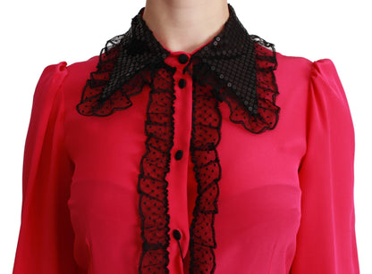 Dolce &amp; Gabbana bluse med blondedetaljer i lyserød silkeblanding