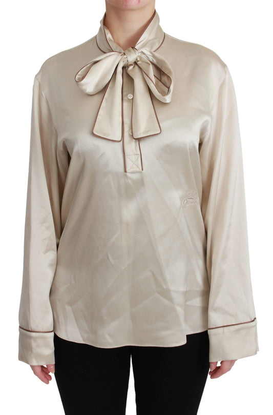 Dolce &amp; Gabbana Elegant Beige Silke Satinbluse med QUEEN Broderi