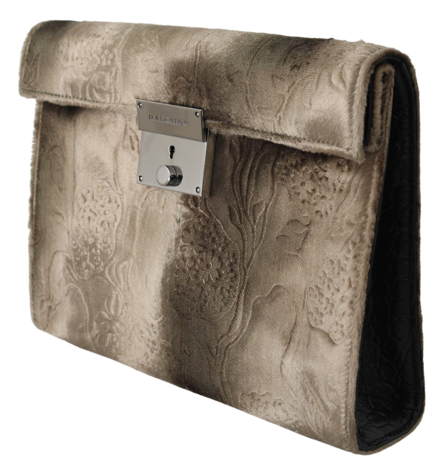 Dolce &amp; Gabbana Beige Velvet Croco-Print Læder Briefcase Clutch