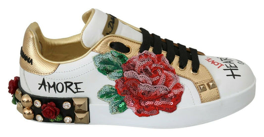 Dolce &amp; Gabbana elegante sneakers i læder med pailletter og blomster