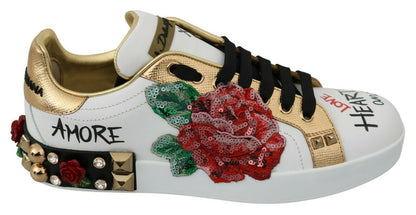 Dolce &amp; Gabbana Elegante Pailletblomstrede Lædersneakers