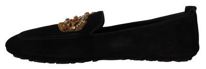 Dolce & Gabbana Elegant Black Leather Loafer Slides with Gold Embroidery