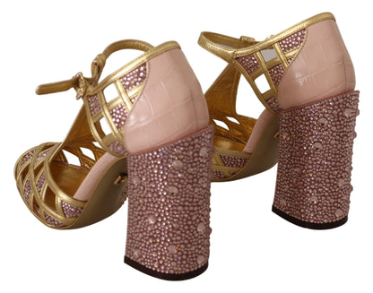 Dolce &amp; Gabbana silkebesatte pumps i læder med krystal i lyserødt guld