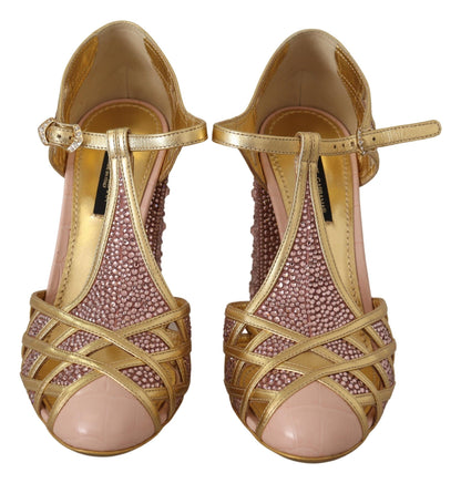 Dolce &amp; Gabbana silkebesatte pumps i læder med krystal i lyserødt guld