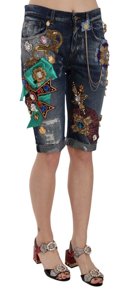 Dolce &amp; Gabbana Elegante Knælange Udsmykkede Denimshorts