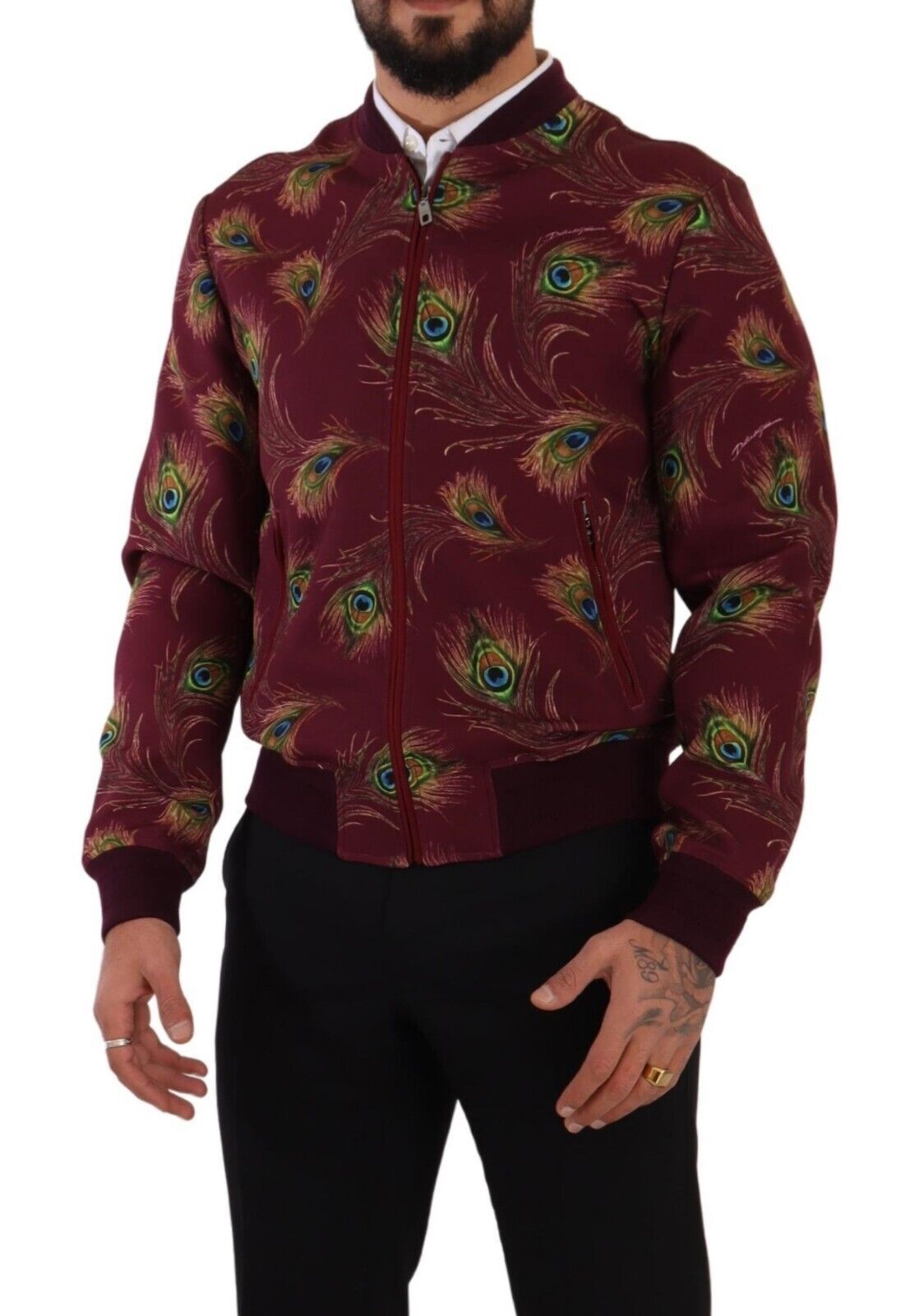 Dolce &amp; Gabbana Radiant Red Peacock Print Bomber Jacket