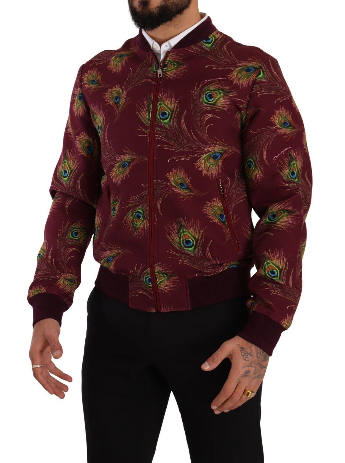 Dolce &amp; Gabbana Radiant Red Peacock Print Bomber Jacket