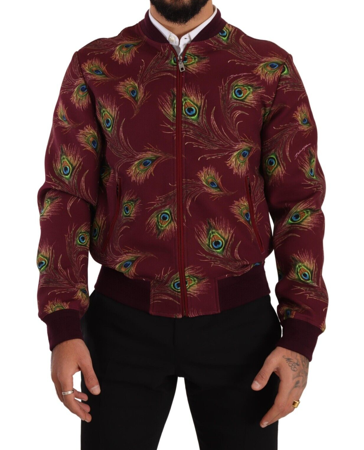 Dolce &amp; Gabbana Radiant Red Peacock Print Bomber Jacket