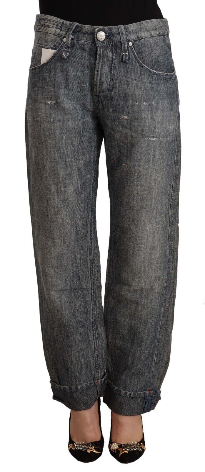 Acht Chic Grå Straight Cut Ramie-bomulds jeans