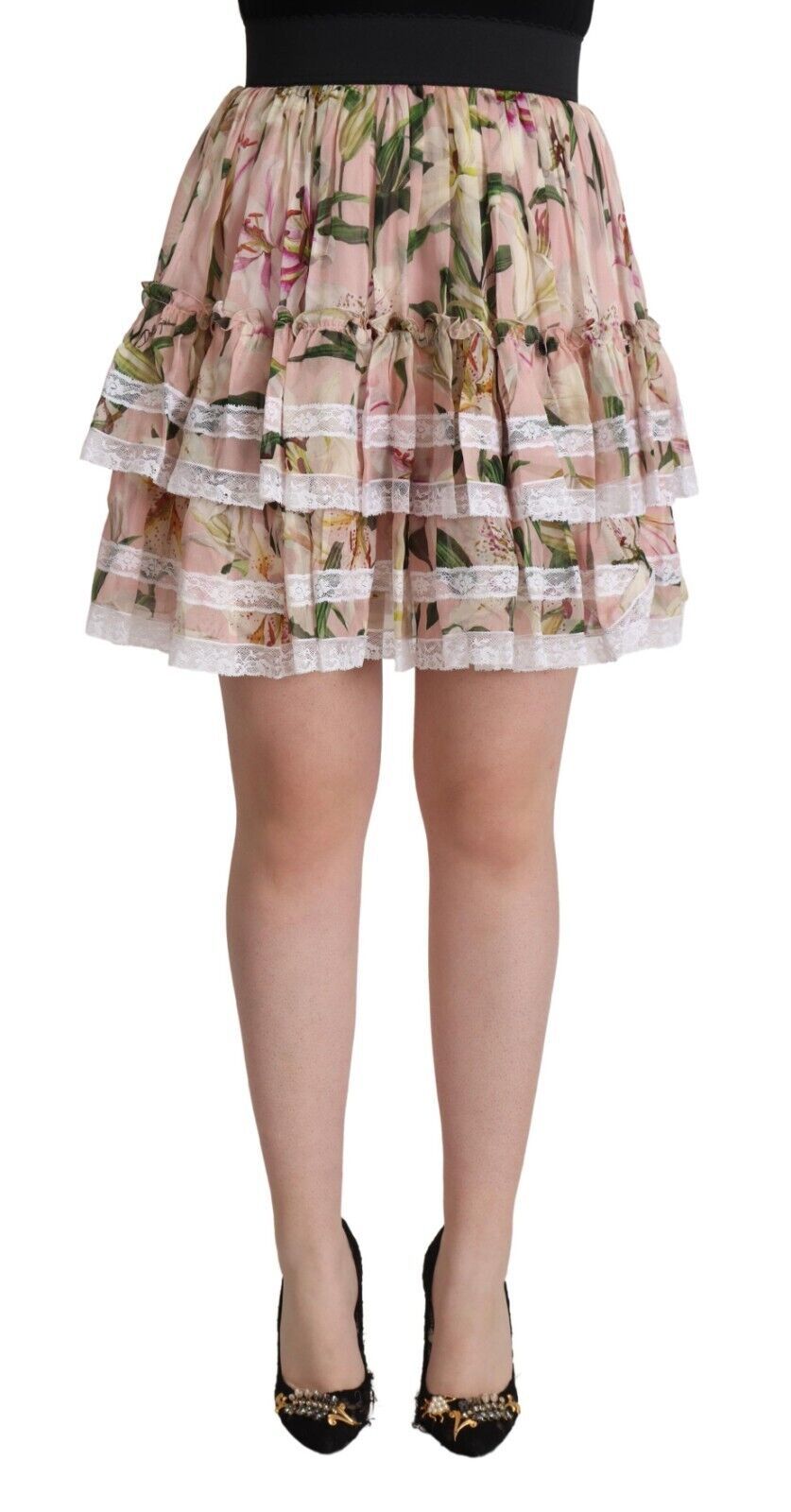 Dolce &amp; Gabbana Elegant Lily Print Lagdelt A-formet Mininederdel