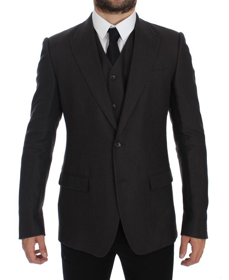 Dolce &amp; Gabbana Elegant grå linned Slim Fit Blazer og Vest