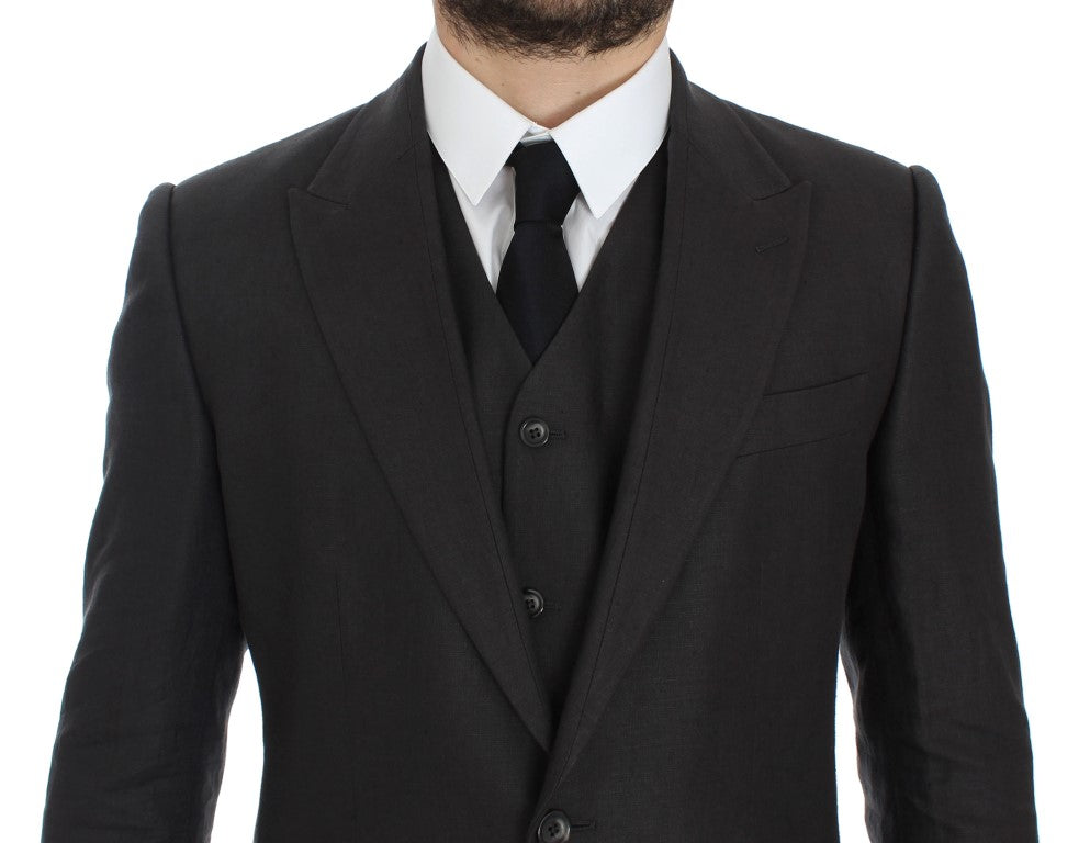 Dolce &amp; Gabbana Elegant grå linned Slim Fit Blazer og Vest