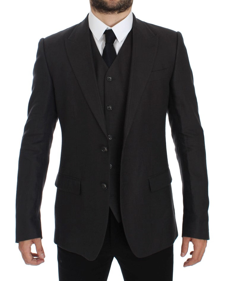 Dolce &amp; Gabbana Elegant grå linned Slim Fit Blazer og Vest