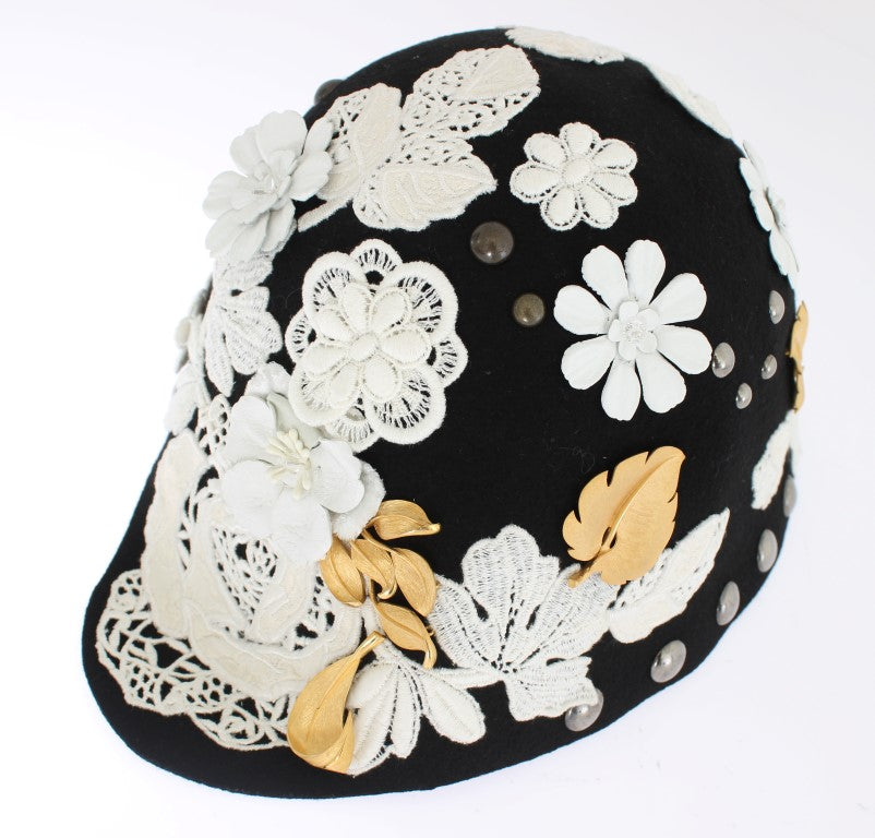 Dolce &amp; Gabbana Elegant sort blomstret uld Cloche Hat