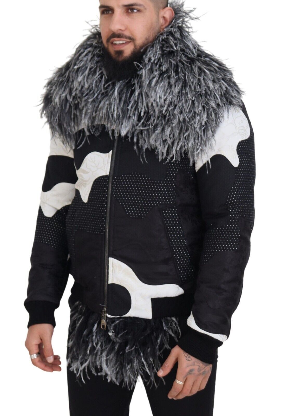 Dolce &amp; Gabbana Elegant Shearling Zip-jakke i sort og hvid