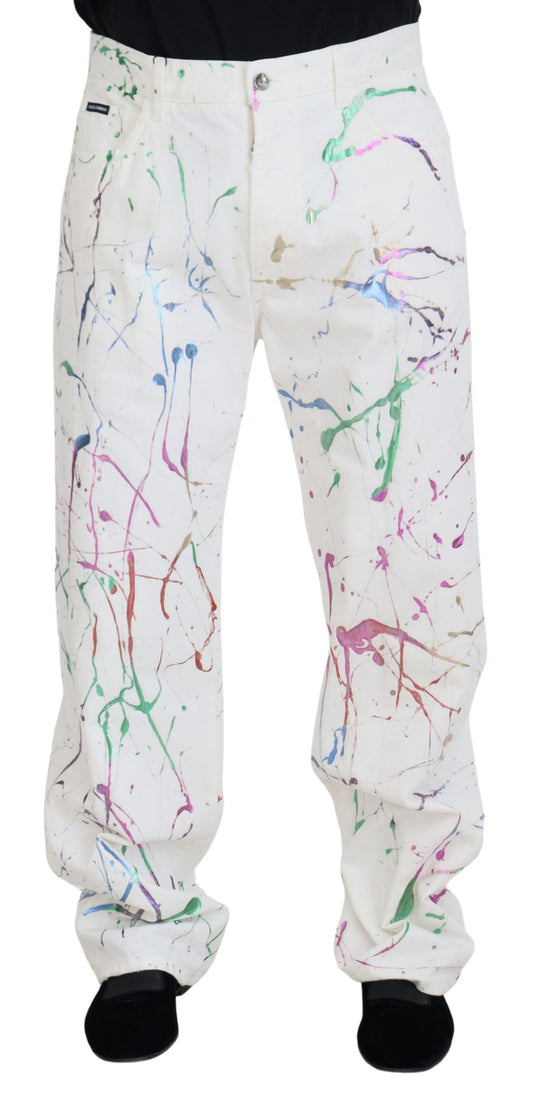 Dolce &amp; Gabbana Chic Hvide Splash Print Denimbukser
