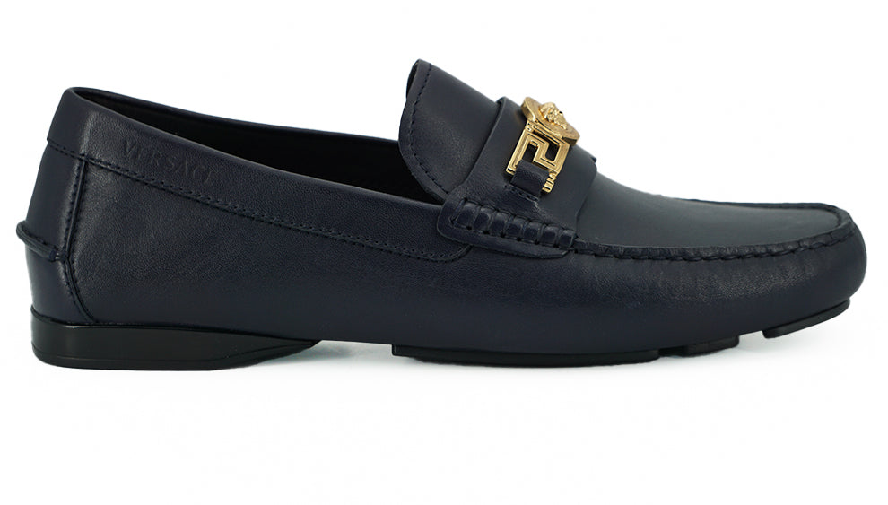 Versace elegante marineblå kalvelæder loafers