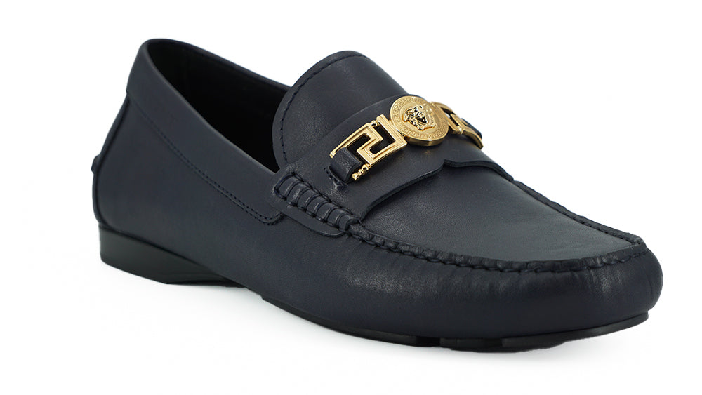 Versace elegante marineblå kalvelæder loafers