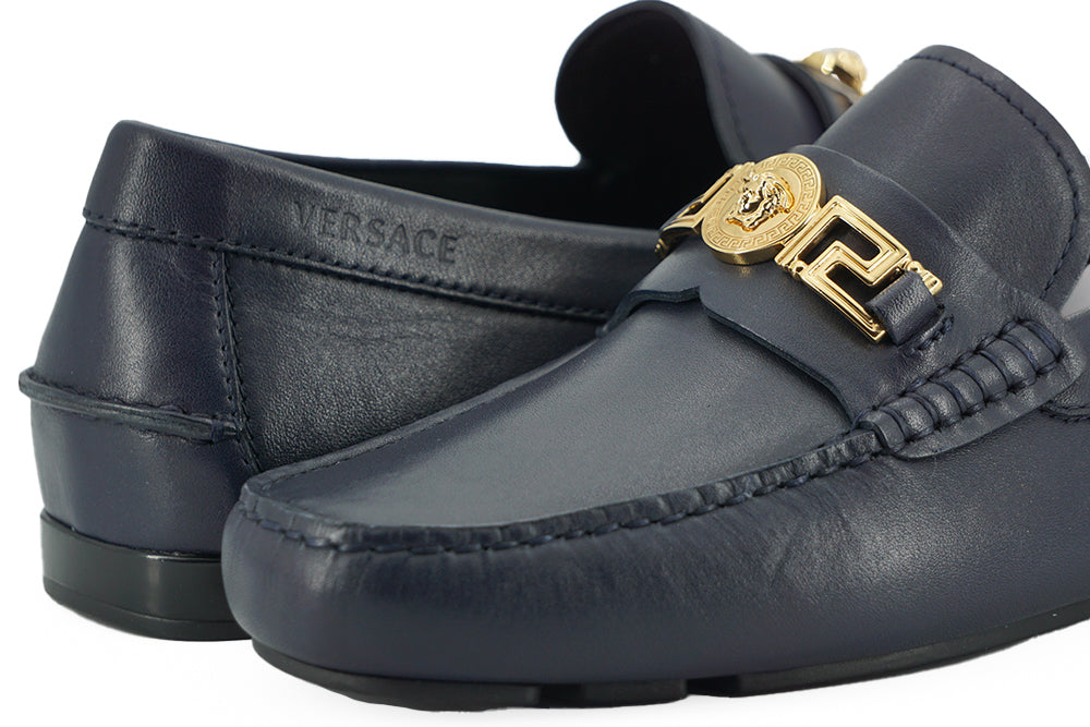 Versace elegante marineblå kalvelæder loafers