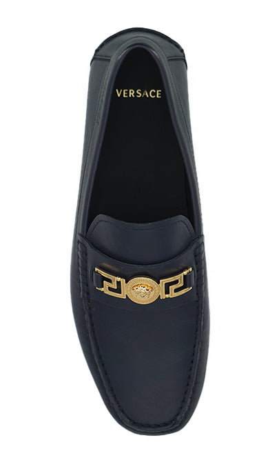 Versace elegante marineblå kalvelæder loafers