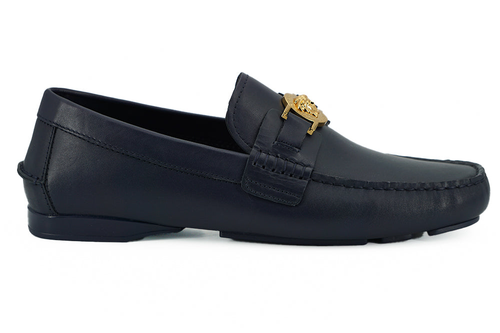 Versace elegante marineblå kalvelæder loafers