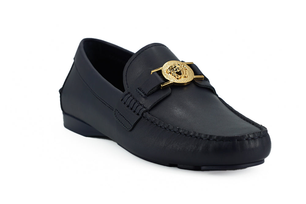 Versace elegante marineblå kalvelæder loafers