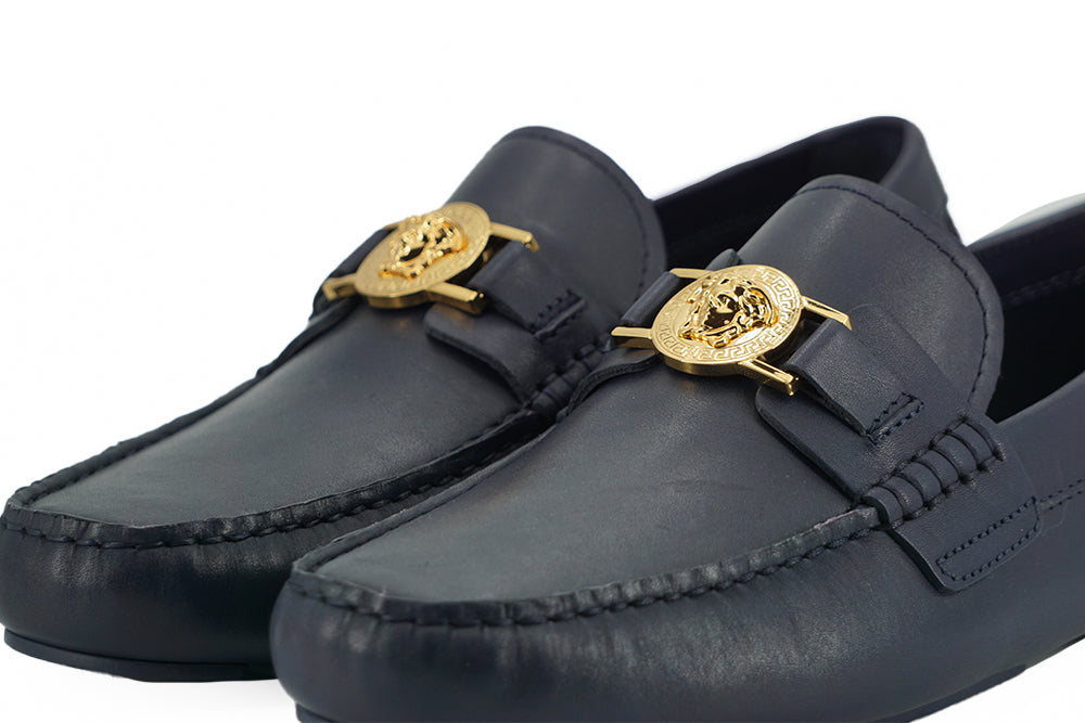 Versace elegante marineblå kalvelæder loafers