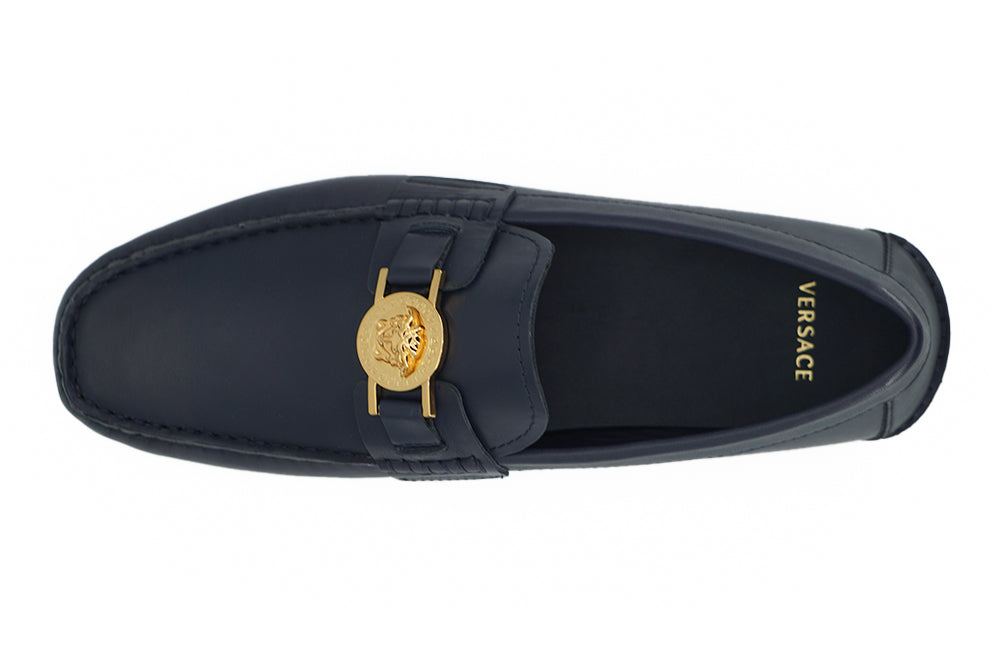 Versace elegante marineblå kalvelæder loafers