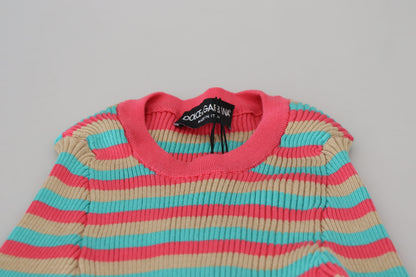 Dolce &amp; Gabbana Elegant Stribet Silkepullover med Rund Hals