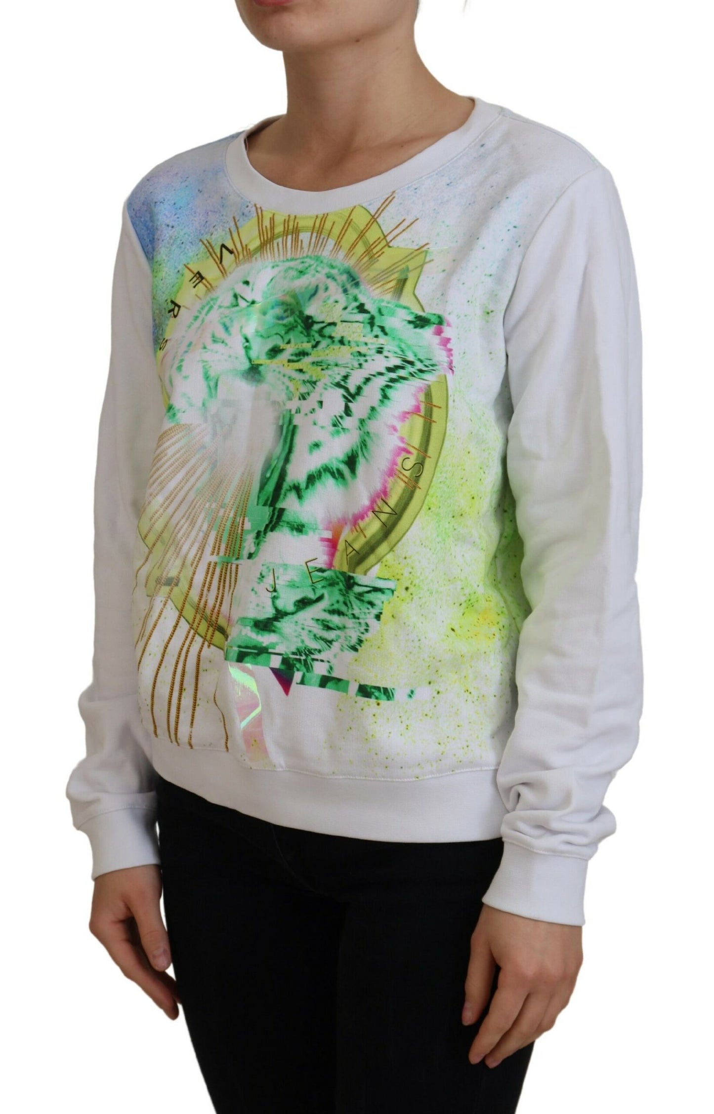 Versace Jeans Elegant hvid grafisk sweater med rund hals