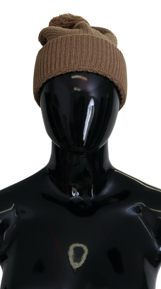 Dolce &amp; Gabbana Elegant Camel Knit Beanie med Fur Accent