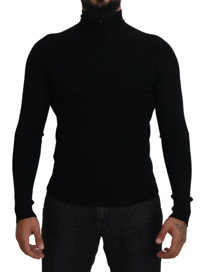 Dolce &amp; Gabbana Elegant Sort Uld Halv Lynlås Rullekravetrøje