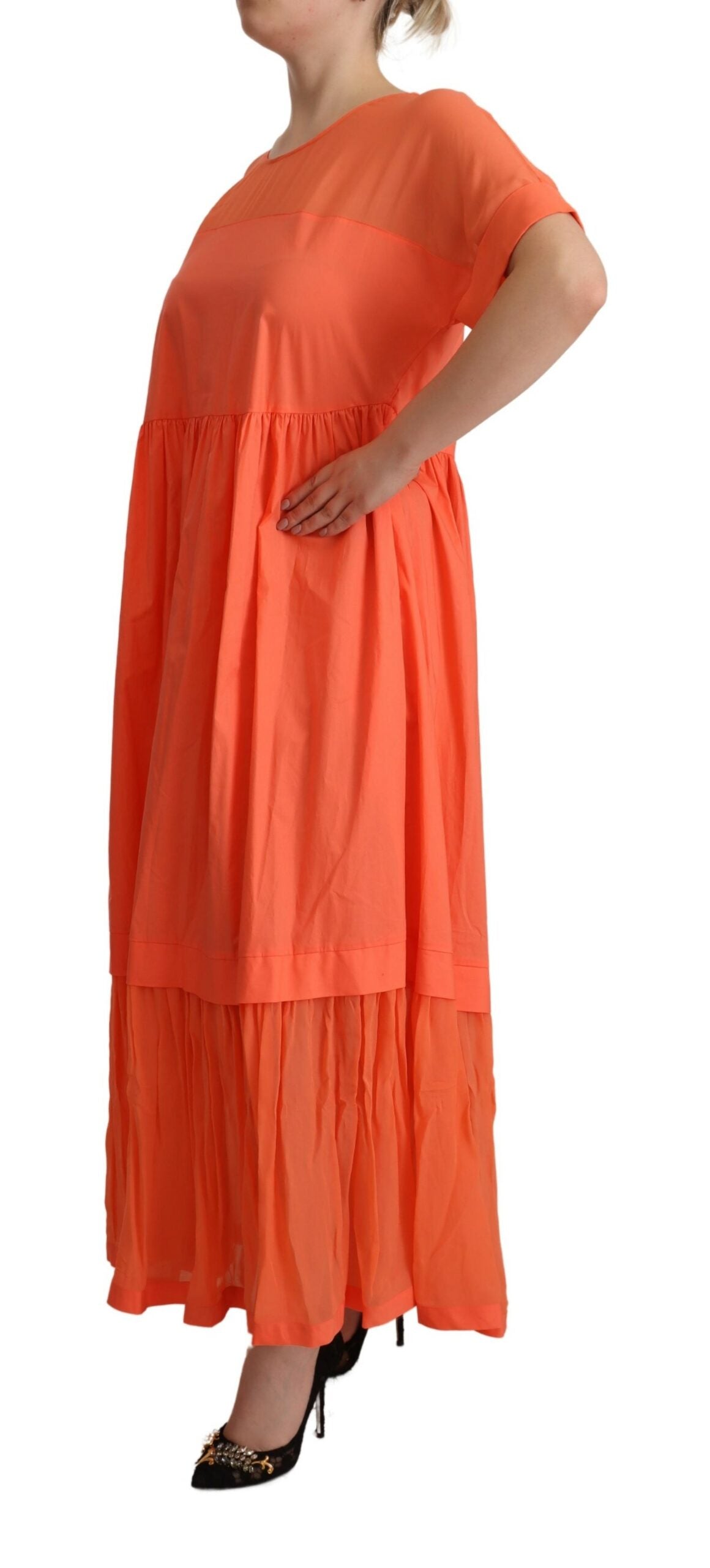 Twinset Elegant Coral Maxi Kjole med korte ærmer