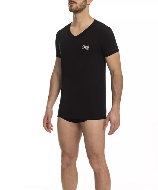 Cavalli Class "Black Cotton Men's V-Neck T-Shirt"