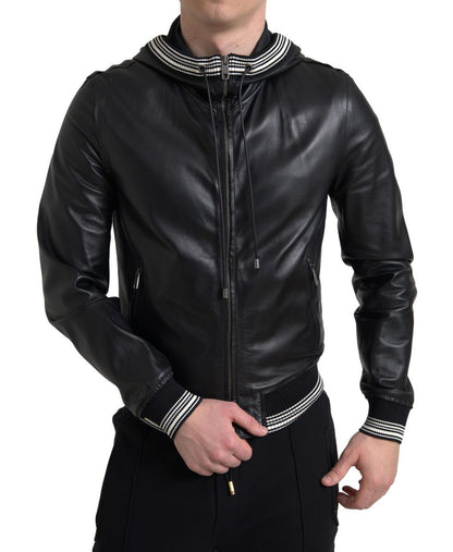 Dolce &amp; Gabbana Elegant Sort Læderbomberjakke