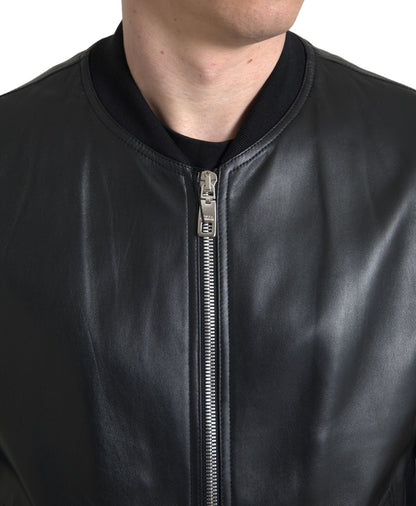 Dolce &amp; Gabbana Elegant Sort Læderbomberjakke