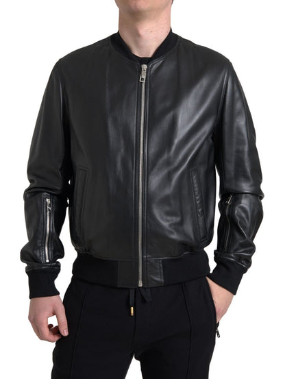 Dolce &amp; Gabbana Elegant Sort Læderbomberjakke