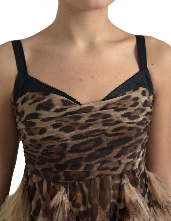 Dolce &amp; Gabbana ærmeløs Leopard Chiffon Struds-Fjer Kjole