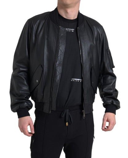 Dolce &amp; Gabbana Elegant Sort Læderbomberjakke