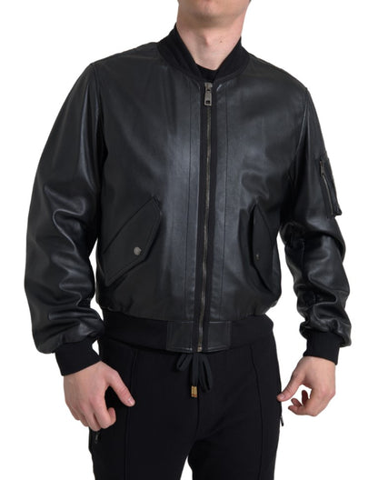 Dolce &amp; Gabbana Elegant Sort Læderbomberjakke