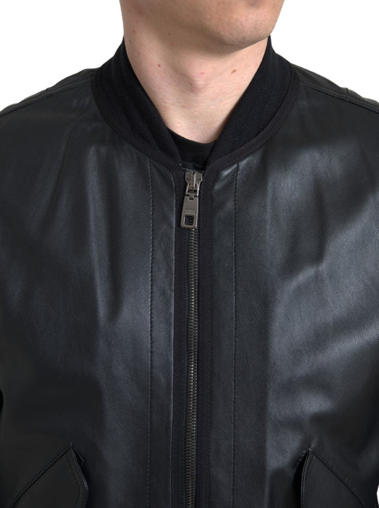 Dolce &amp; Gabbana Elegant Sort Læderbomberjakke