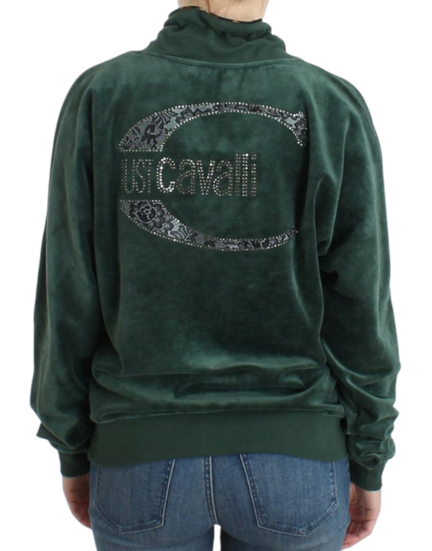 Cavalli Elegant Green Mock Sweater med Rhinestone Detail