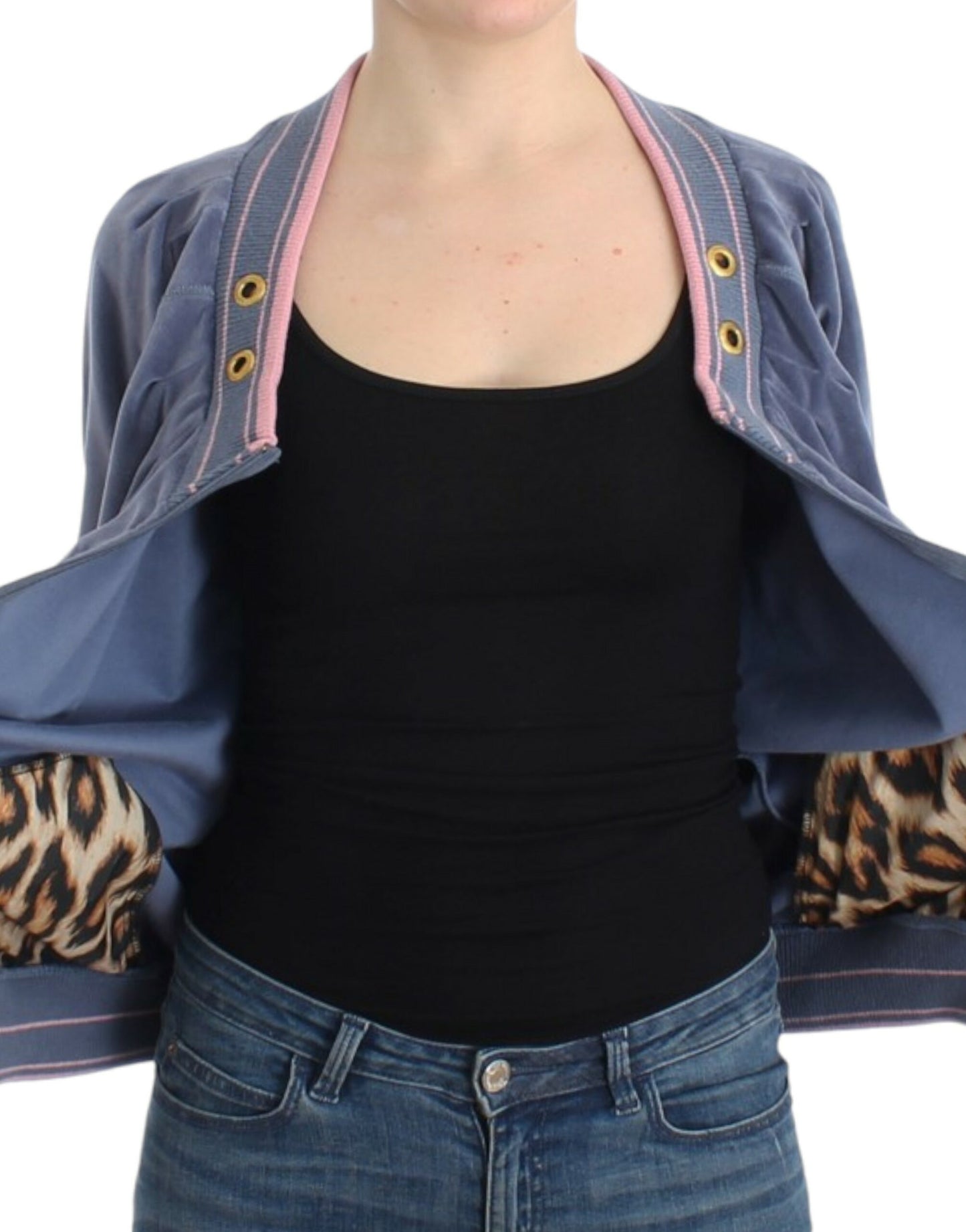 Cavalli Elegant Blue Zip Cardigan med gulddetaljer