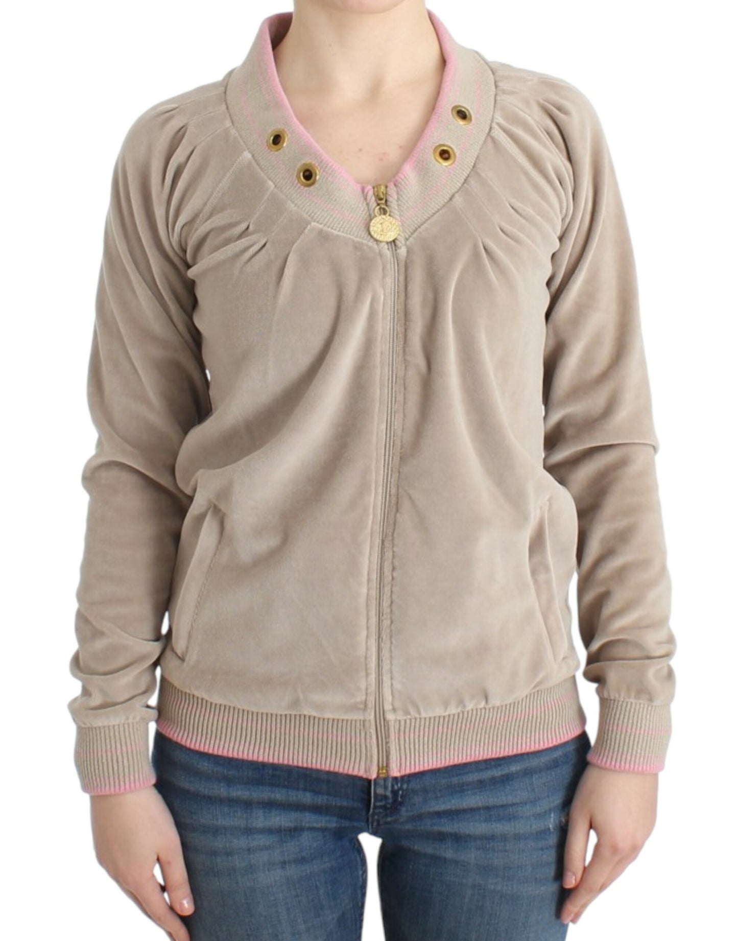 Cavalli Beige Cardigan med lynlås med guldfarvede accenter