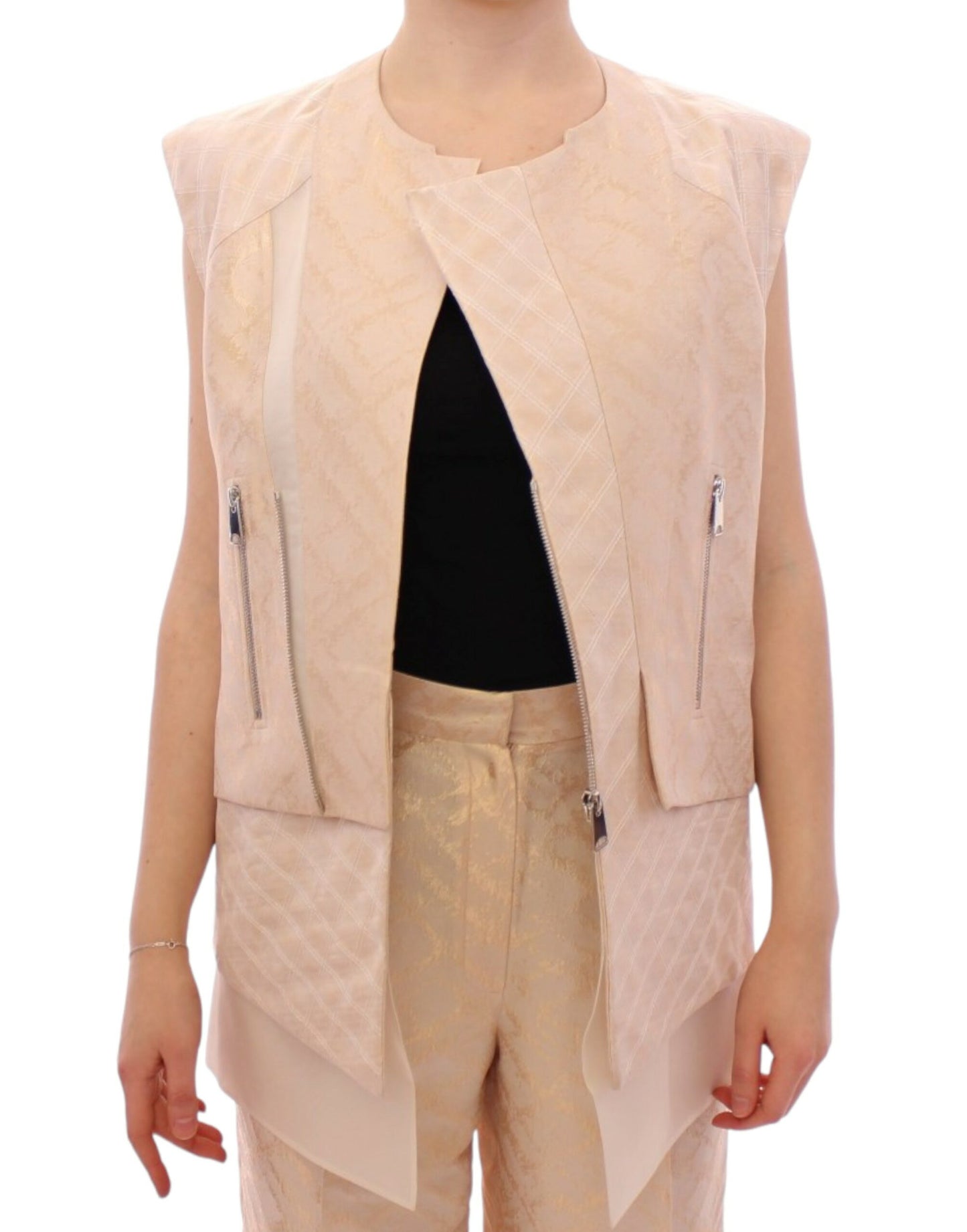 Zeyneptosun Exquisite Beige Brocade ærmeløs jakkevest