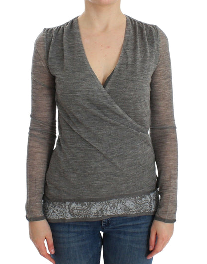Ermanno Scervino Elegant Grå Uldblanding Sweater med Dyb V-hals