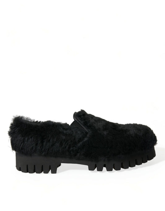 Dolce & Gabbana Elegant Black Fur Slip On Loafers for Men