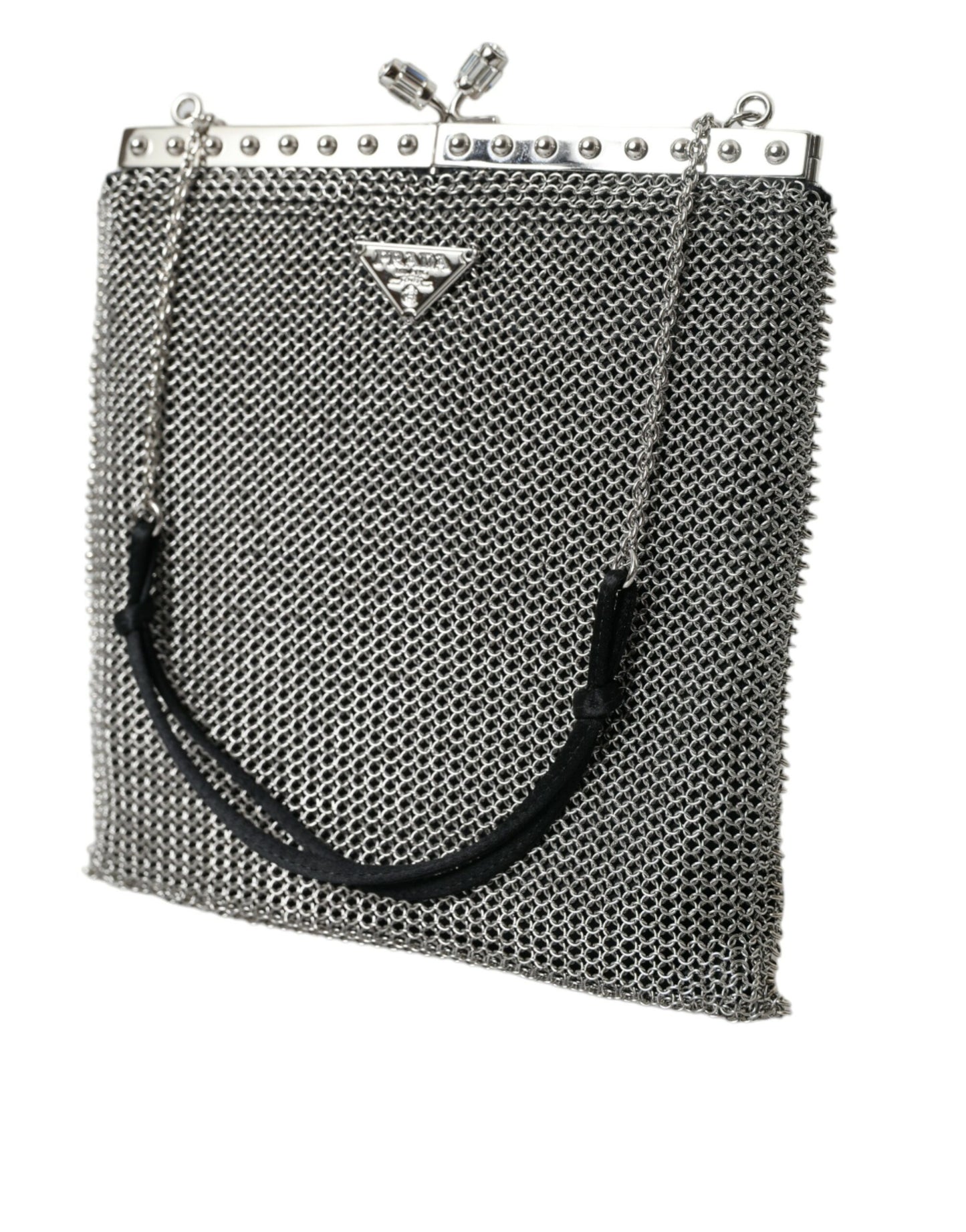 Prada Elegant Silver Mesh Skulder Aftentaske